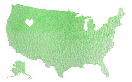 Hand drawn green watercolor map of USA with Idaho state isolated on whiteの写真素材