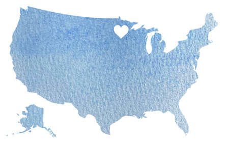 Hand drawn blue watercolor map of USA with Minnesota state isolated on whiteの写真素材