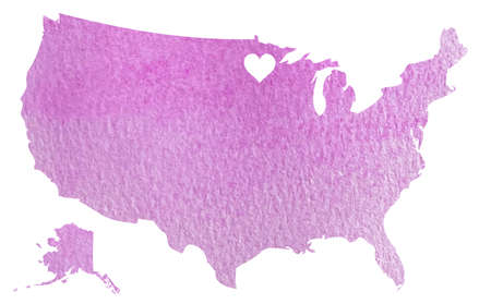 Hand drawn pink watercolor map of USA with Minnesota state isolated on whiteの写真素材