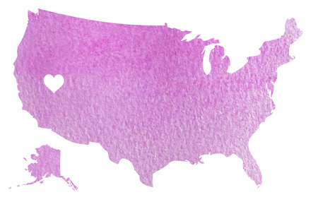 Hand drawn pink watercolor map of USA with Nevada state isolated on whiteの写真素材