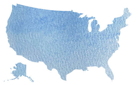 Hand drawn blue watercolor map of USA isolated on whiteの写真素材