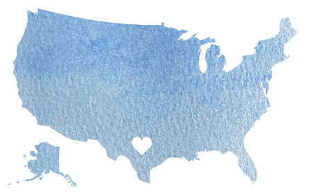Hand drawn blue watercolor map of USA with Texas state isolated on whiteの写真素材