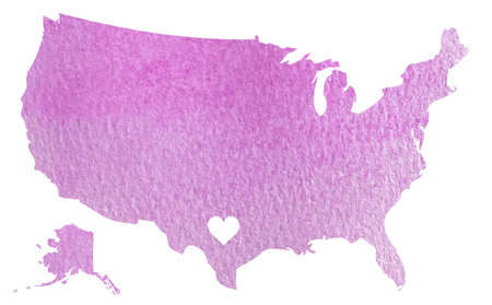 Hand drawn pink watercolor map of USA with Texas state isolated on whiteの写真素材