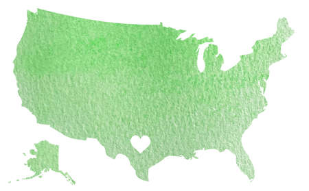 Hand drawn green watercolor map of USA with Texas state isolated on whiteの写真素材