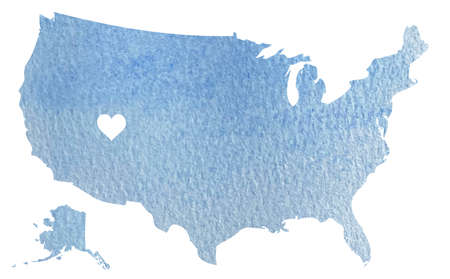 Hand drawn blue watercolor map of USA with Utah state isolated on whiteの写真素材