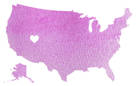 Hand drawn pink watercolor map of USA with Utah state isolated on whiteの写真素材