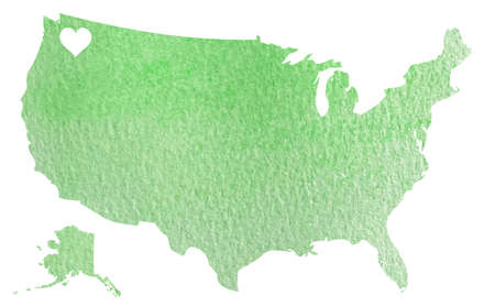 Hand drawn green watercolor map of USA with Washington state isolated on whiteの写真素材