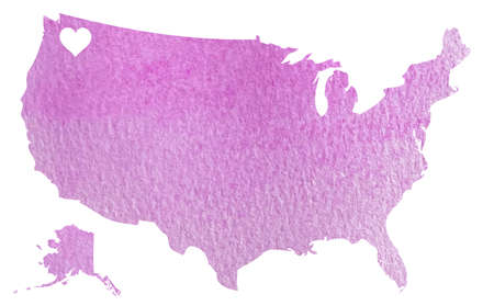 Hand drawn pink watercolor map of USA with Washington state isolated on whiteの写真素材