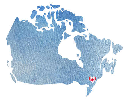 Hand drawn watercolor blue sattelite map of Canada with indication of Ottawa.の写真素材