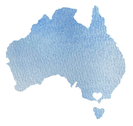 Hand drawn blue watercolor map of Australia with indication of Melbourne isolated on white.の写真素材