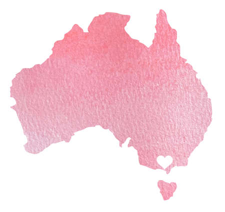 Hand drawn pink watercolor map of Australia with indication of Melbourne isolated on white.の写真素材