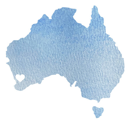 Hand drawn blue watercolor map of Australia with indication of Perth isolated on white.の写真素材