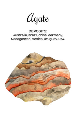 Watercolor illustration of agate stone with streaks effect. A cut of orange and brown mineral. A gemstone slice. Deposits of agate stoneの写真素材