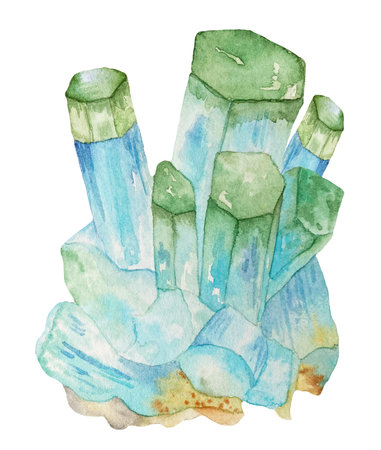 Watercolor illustration of beryl stone with streaks effect. A cut of blue and green mineral. A gemstone sliceの写真素材
