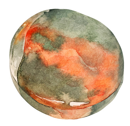 Watercolor illustration of bloodstone stone with streaks effect. A cut of orange and green mineral. A gemstone slice.の写真素材