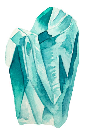 Watercolor illustration of emerald stone with streaks effect. A cut of blue mineral. A gemstone slice.の写真素材