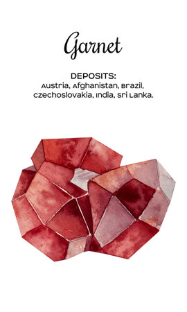 Watercolor illustration of garnet stone with streaks effect. A cut of red mineral. A gemstone slice. Deposits of garnet stoneの写真素材