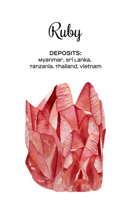 Watercolor illustration of ruby stone with streaks effect. A cut of red mineral. A gemstone slice. Deposits of ruby stoneの写真素材