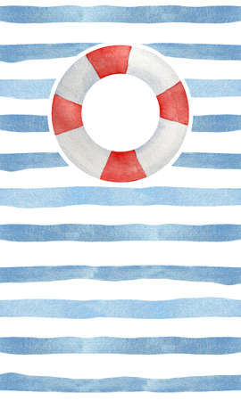 Blue watercolor stripes with red and white lifebuoy. Nautical marine background for card and invitationの写真素材