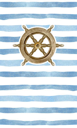 Blue watercolor stripes with old wooden steering wheel. Nautical marine background for card and invitationの写真素材
