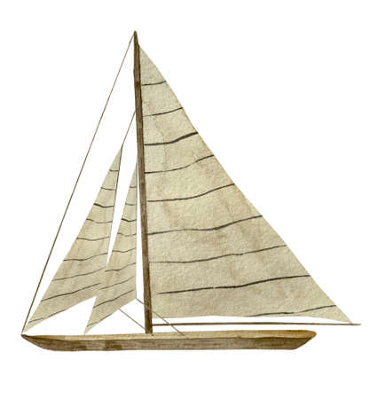 Watercolor illustration of vintage beige boat. Hand drawn illustration of olg style schooner yacht...