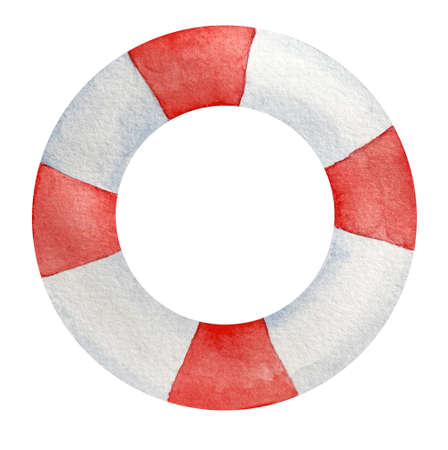 Hand drawn watercolor illustration bright lifebuoy red and white colorsの写真素材