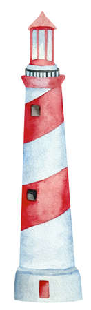 Nautical watercolor red and white lighthouseの写真素材