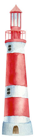 Nautical watercolor red and white lighthouseの写真素材