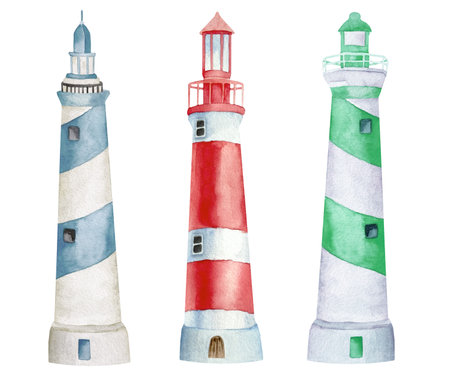 Nautical watercolor set of three lighthouses blue, red and green colorsの写真素材