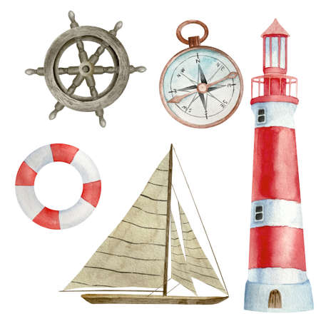 Nautical watercolor set of design elements: wooden steering wheel, red and white lighthouse, red buoy, compass.の写真素材