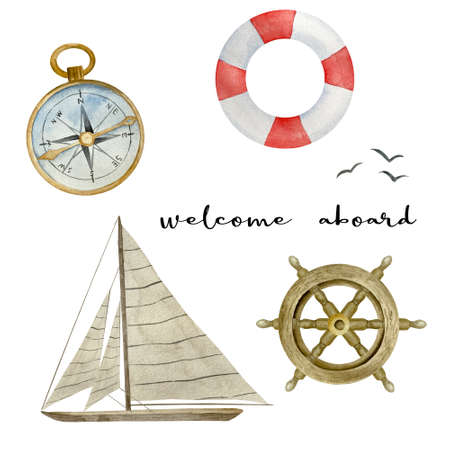 Nautical watercolor set of design elements: wooden steering wheel, boats and buoy, gold metal compass.の写真素材
