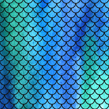Watercolor mermaid or fish scales blue background with black. Bright summer pattern with reptilian scalesの写真素材