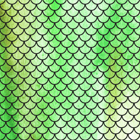 Watercolor mermaid or fish scales green background with black. Bright summer pattern with reptilian scalesの写真素材