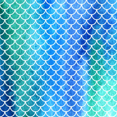 Watercolor mermaid or fish scales blue background. Bright summer pattern with reptilian scalesの写真素材