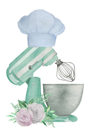 Watercolor illustration of turquoise pastry planetary mixer with flowers and greenery. Bakery illustration for invitation, pastry, menuの写真素材