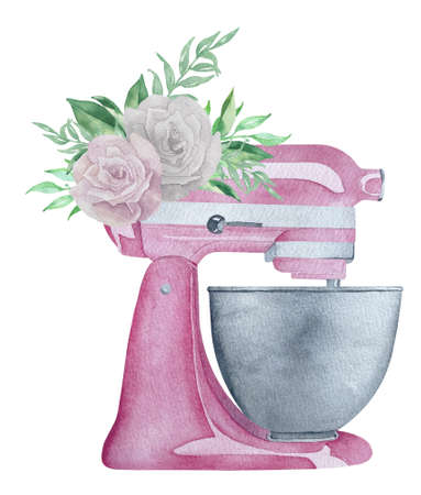 Watercolor illustration of pink pastry planetary mixer with flowers and greenery. Bakery illustration for invitation, pastry, menuの写真素材