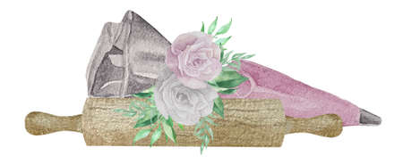 Watercolor illustration of rolling pin and bakery icing bag with pink cream and flowers with greenery. Bakery illustration for invitation, pastry, menuの写真素材