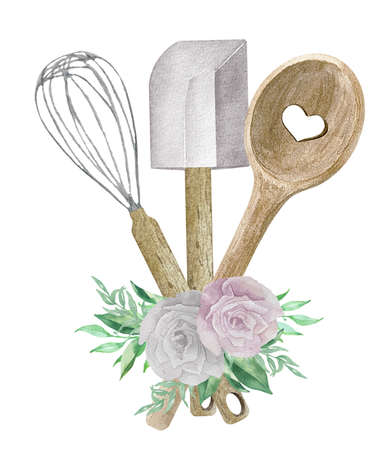 watercolor composition of bakery with whisk, spoon and spatula.の写真素材