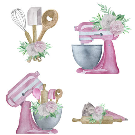 Watercolor illustration pink pastry planetary mixer with flowers and greenery. Bakery illustration with towel and icing bag for invitation, pastry, menuの写真素材