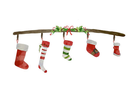 Christmas family print with watercolor stocking for four. Red and green fireplace socks xmas collection. Decoration family card on white background.の写真素材