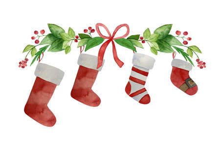 Christmas family print with watercolor stocking for four. Red and green fireplace socks xmas collection. Decoration family card on white background.の写真素材