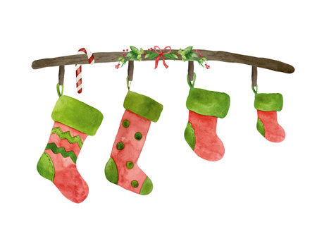 Christmas family print with watercolor stocking for four. Red and green fireplace socks xmas...