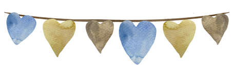Watercolor illustration of baby garland decor in boho style with blue and beige heartsの写真素材