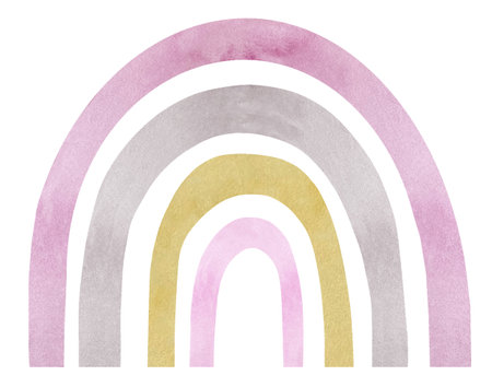 Watercolor illustration of boho nursery rainbow in pink neutral colorsの写真素材