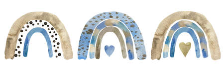 Watercolor illustration of three boho nursery rainbows in neutral blue and beige colorsの写真素材