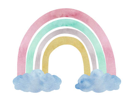 Watercolor illustration of boho nursery rainbow in neutral colors with cloudsの写真素材