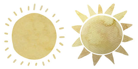 Cute Watercolor set of two cartoon sun with rays in neutral boho style.の写真素材