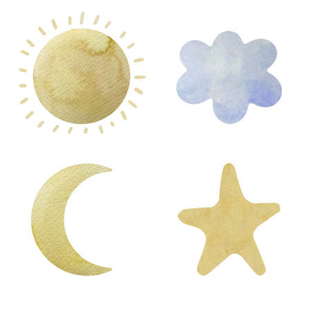 Cute Watercolor set of cute cartoon sun, cloud, crescent moon and stars for baby in neutral boho style.の写真素材