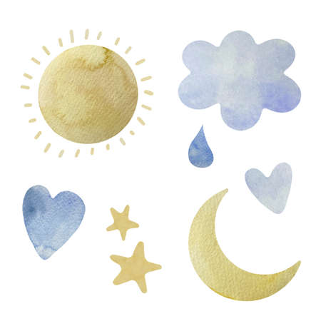 Cute Watercolor set of cute cartoon sun, cloud, crescent moon and stars for baby in neutral boho style.の写真素材