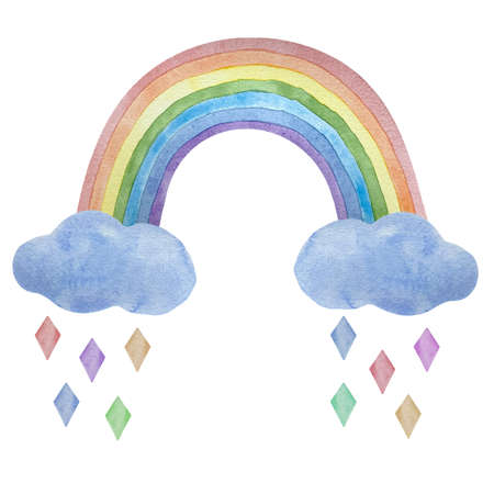 Watercolor illustration of bright colorful rainbow with clouds and drops isolated on whiteの写真素材